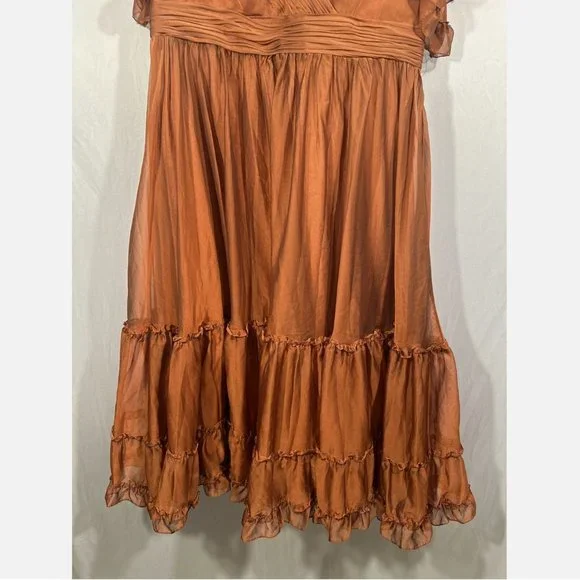 NWT Mac Duggal [ 12 ] Sheer Flutter Sleeve Tea Length Ruffle Dress‎ Rust Orange - Picture 5 of 15